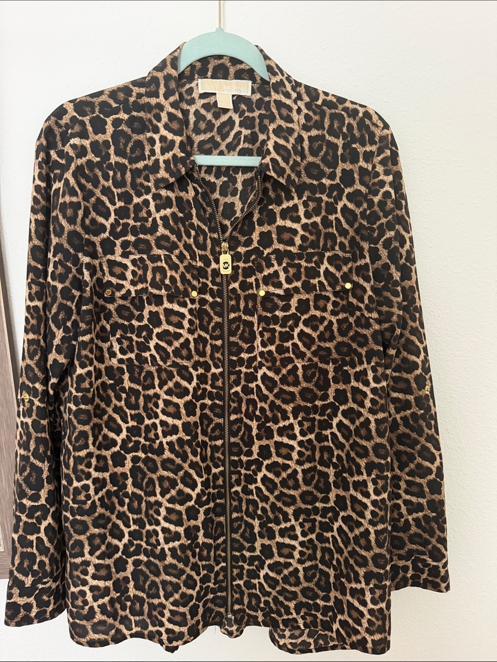 Michael Kors Leopard Print Zip-Front Utility Blouse